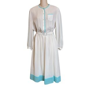 70s Vintage Sheer Long Sleeve White Blue Secretary Dress size M